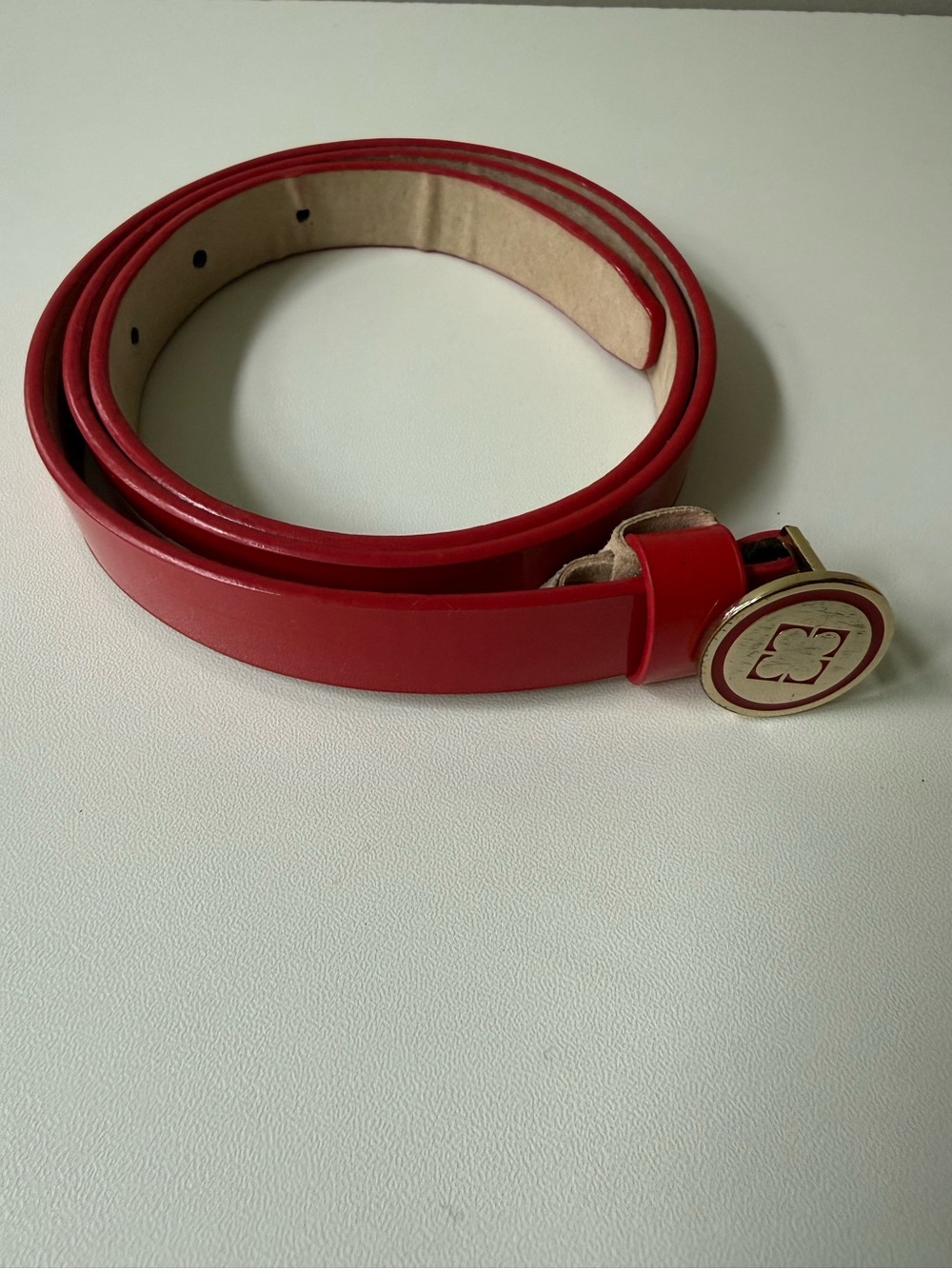 Women's Red Leather Belt with Gold-Tone Round Buckle